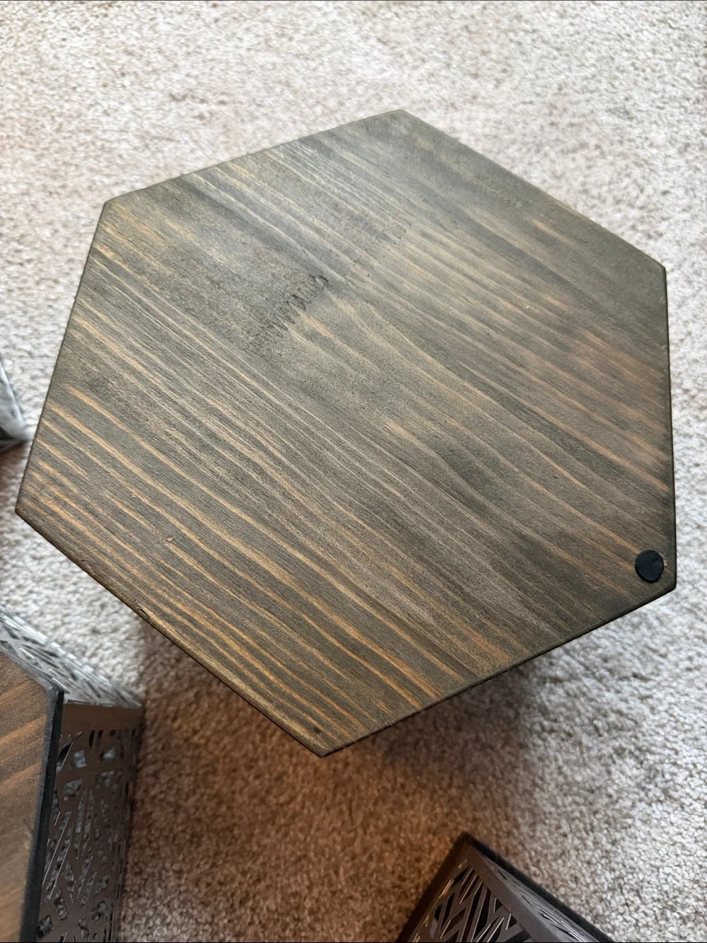Decorative Hexagonal Metal Organizer Set in Silver. Set of 4. Wood bottoms.